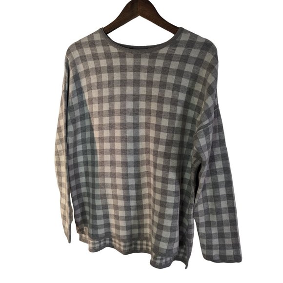 J. Jill Reversible Dropped Shoulder Grey and White Plaid Print Sweater Sz M - Picture 1 of 7